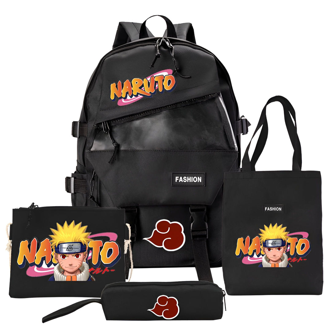 Ensemble de produits Naruto comprenant un sac à dos, un sac fourre-tout et une trousse de maquillage, tous noirs et ornés d'images et du logo de l'anime Naruto.