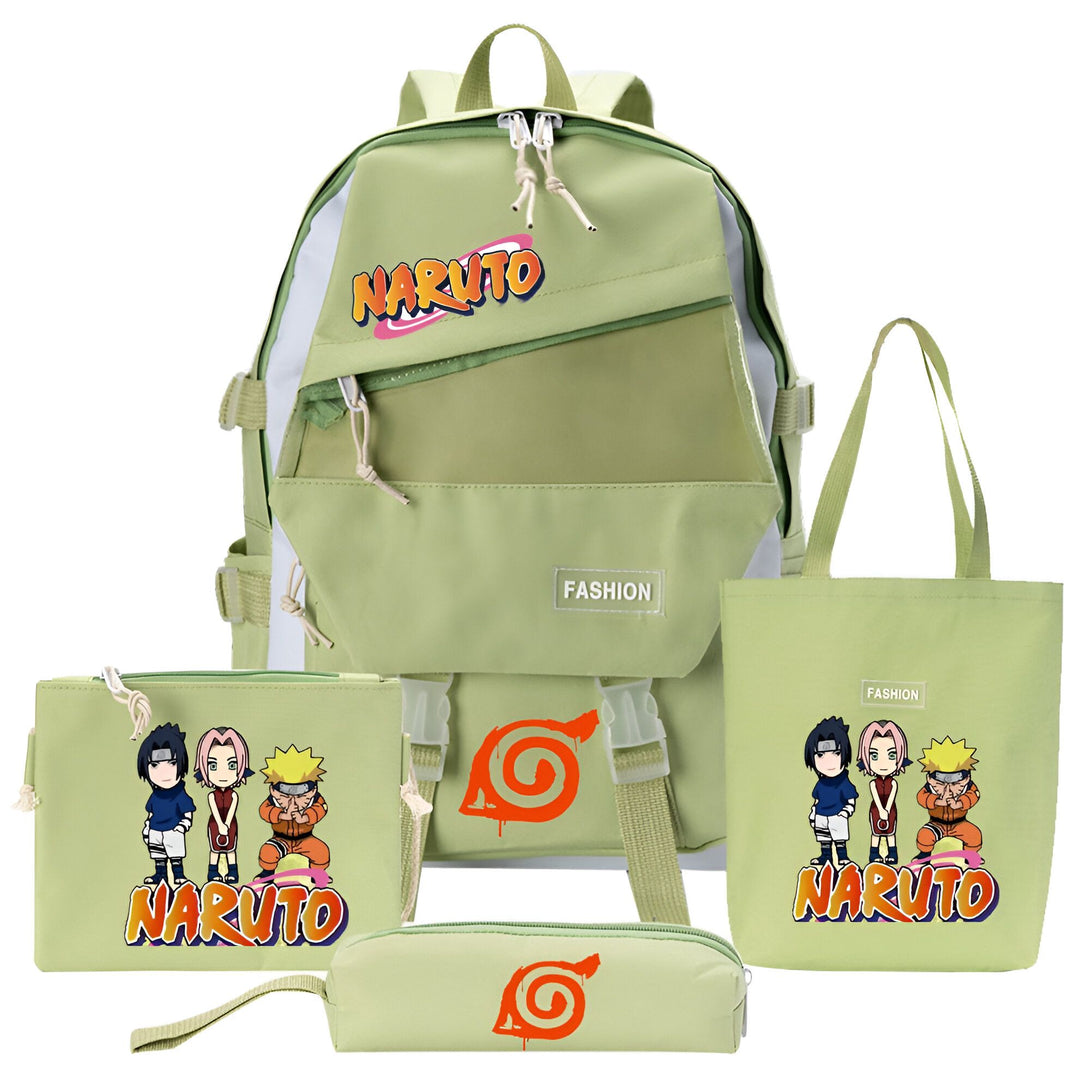 Ensemble de sacs à dos et d'accessoires Naruto en vert clair, comprenant un sac à dos, un sac à main, une trousse de maquillage et une trousse à crayons, tous avec des logos et des personnages Naruto.