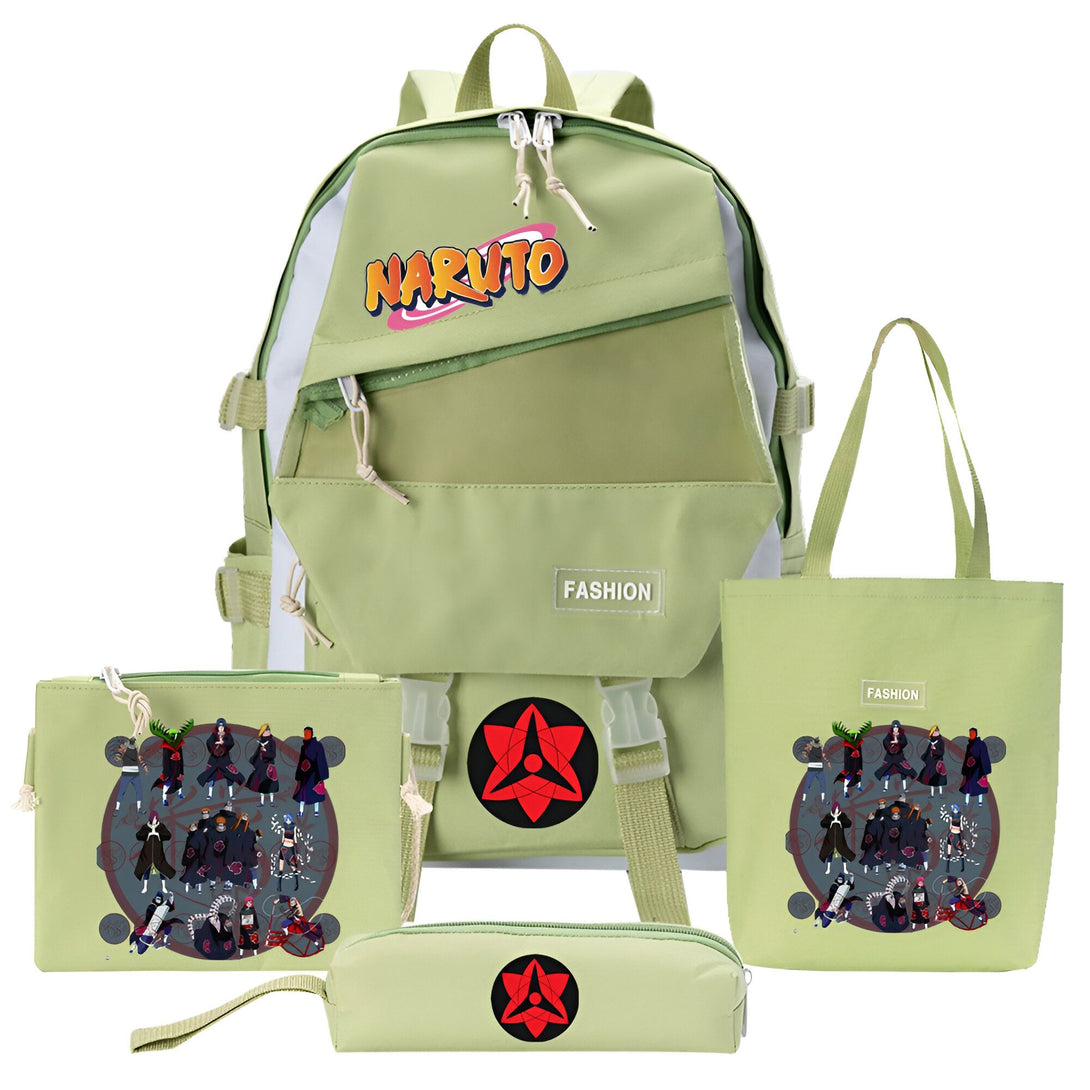 Ensemble de produits Naruto comprenant un sac à dos, un sac à main et une trousse à crayons, tous de couleur vert clair et ornés de l'emblème de l'Akatsuki et du logo de Naruto.