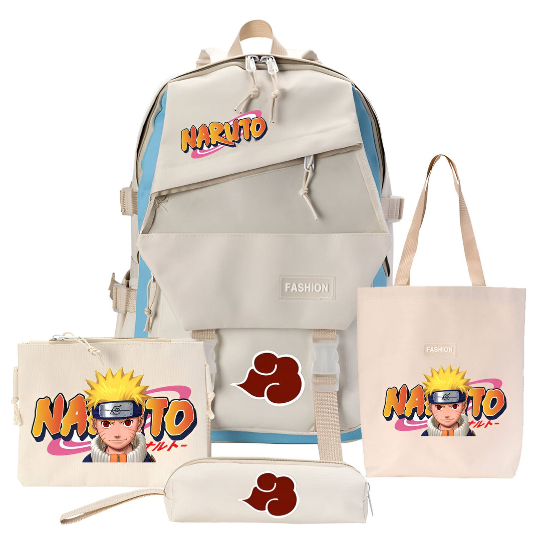 Ensemble de produits Naruto comprenant un sac à dos, un sac fourre-tout, une trousse et une pochette, tous ornés du logo et du personnage de Naruto.
