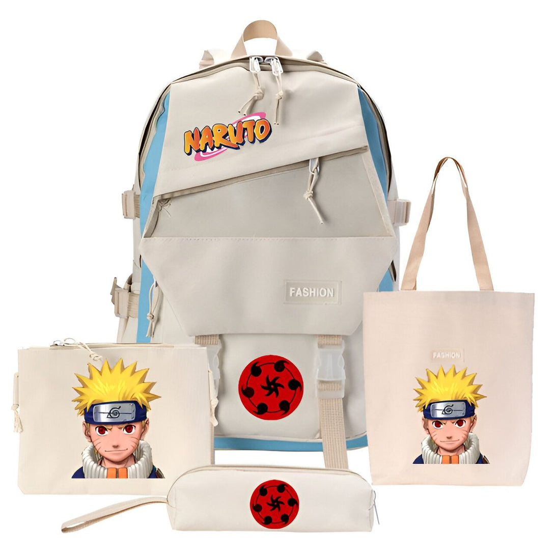 Ensemble de produits Naruto comprenant un sac à dos, un sac fourre-tout, une trousse de maquillage et une trousse à crayons. Le sac à dos est beige avec le logo Naruto, le sac fourre-tout et la trousse de maquillage ont une image de Naruto, la trousse à crayons a le symbole Rinnegan.