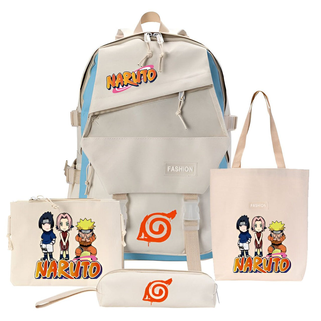 Ensemble de sacs à dos Naruto : un grand sac à dos avec le logo Naruto, un sac à main avec les personnages de Naruto, une trousse à crayons avec le logo Naruto et une petite trousse avec les personnages de Naruto.