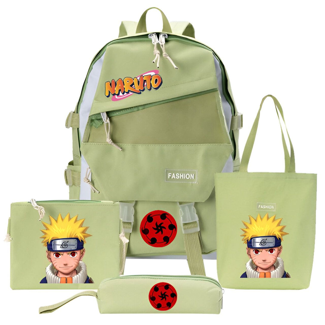 Ensemble de produits Naruto comprenant un sac à dos vert avec le logo "Naruto" imprimé, un sac fourre-tout avec l'image de Naruto, une trousse à crayons avec l'image de Naruto et une petite pochette avec le logo "Naruto".  Idéal pour les fans de l'anime Naruto !