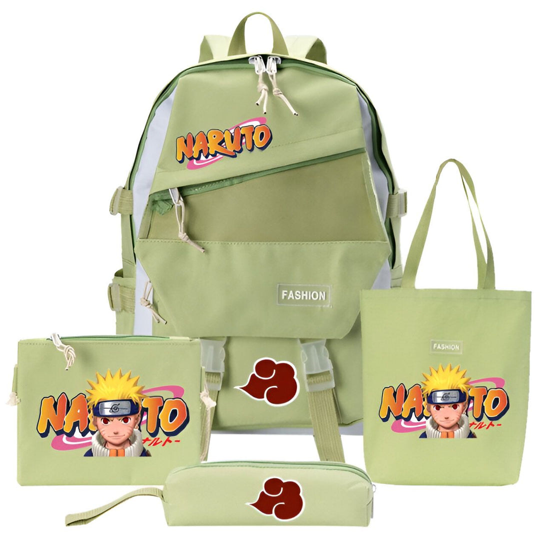 Ensemble de sacs à dos et accessoires Naruto, comprenant un grand sac à dos vert avec le logo "Naruto", un sac fourre-tout vert avec Naruto, une trousse à crayons avec le symbole de Naruto et une petite pochette vert avec le logo "Naruto".  Parfait pour les fans de l'anime Naruto.