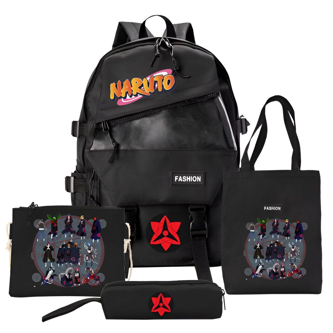 Ensemble de produits Naruto comprenant un sac à dos, un sac fourre-tout et une trousse, tous avec le logo Naruto et l'emblème de l'Akatsuki.