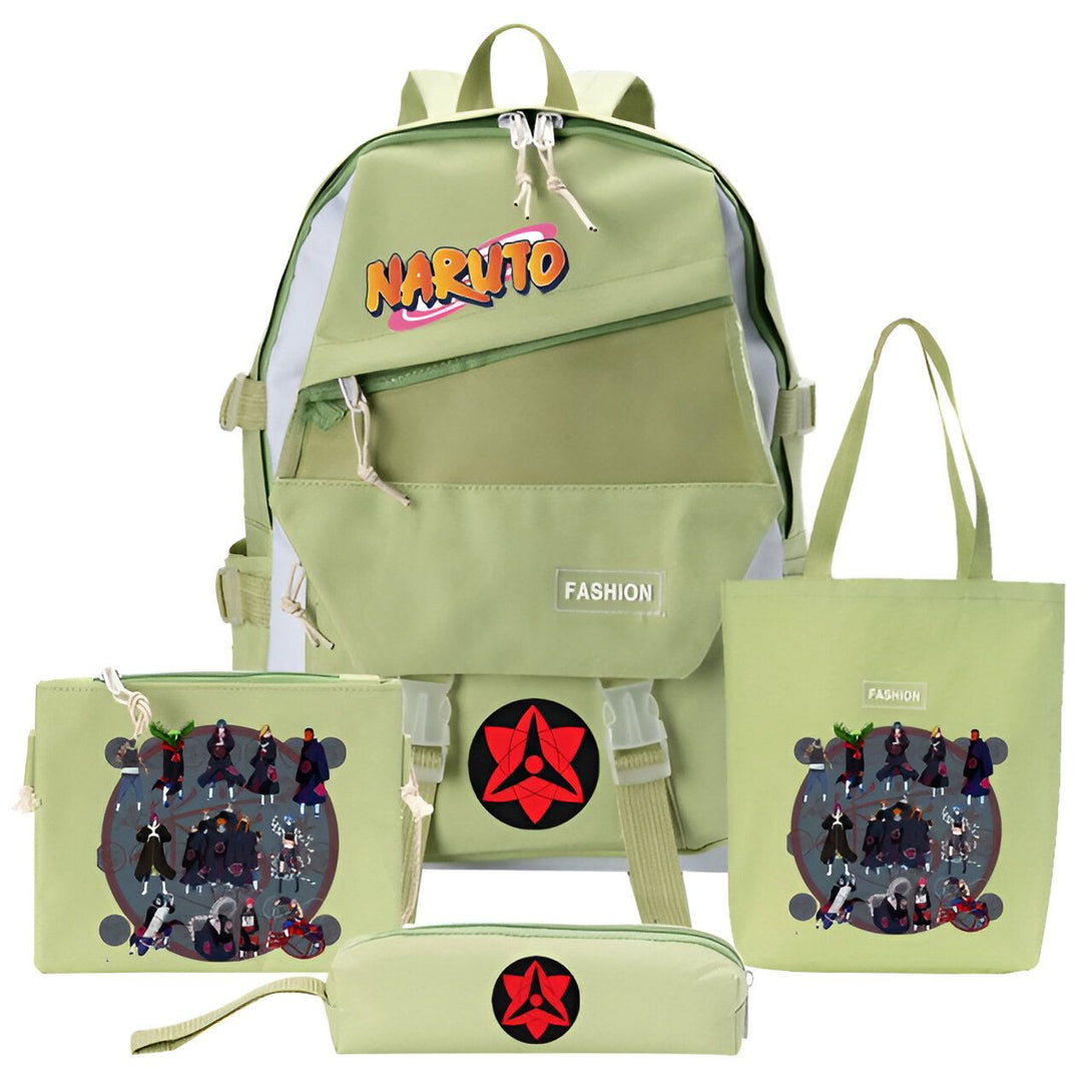 Ensemble de produits Naruto comprenant un sac à dos vert avec le logo Naruto, un sac à main, une trousse et un porte-crayons, tous ornés du symbole de l'Akatsuki et des personnages de l'Akatsuki.