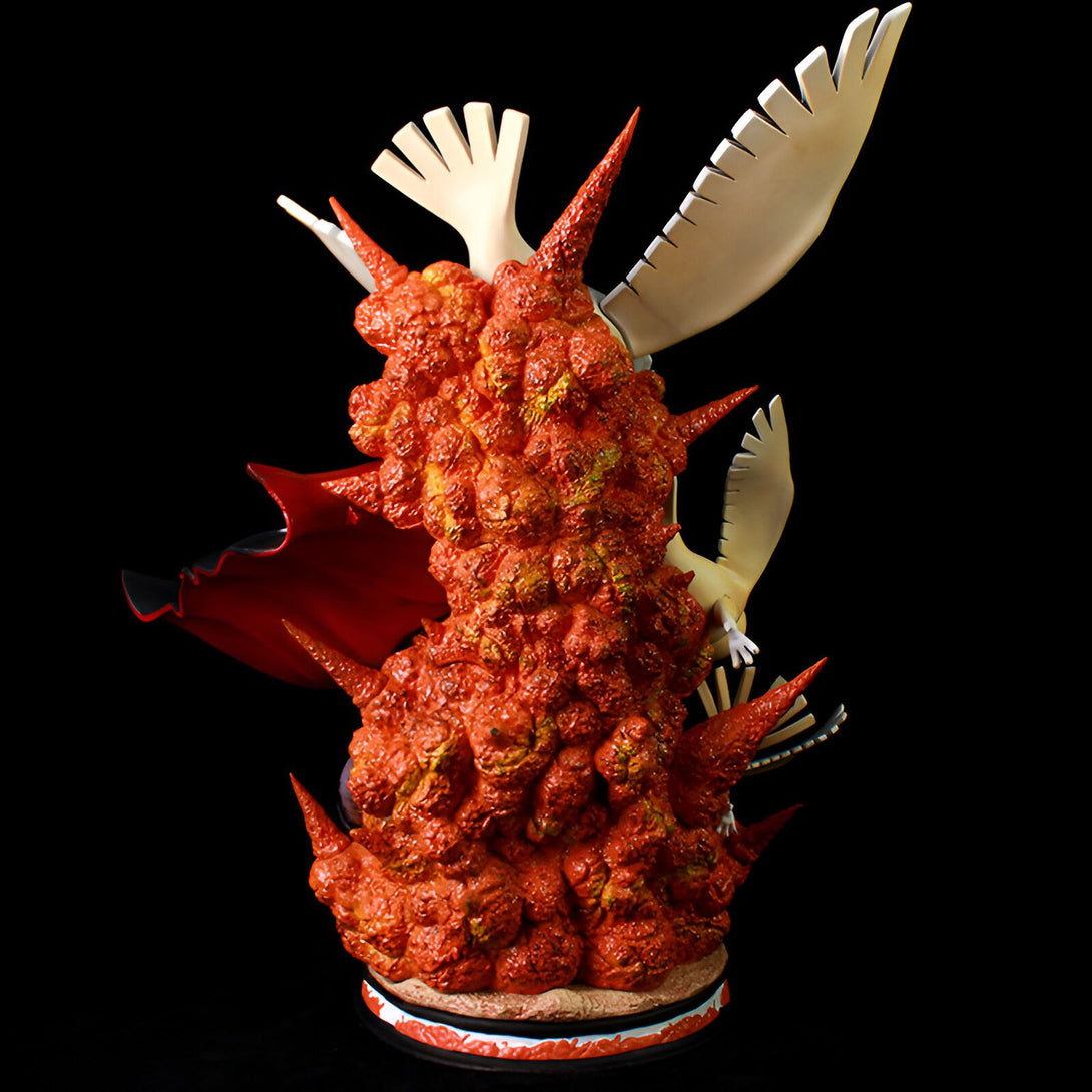 Statue de Naruto Shippuden représentant le personnage de Kurama, le démon renard à neuf queues, en train de libérer son chakra, avec un fond rouge et une base noire.