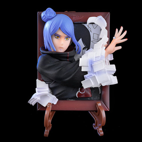 Figur de collection de Konan de Naruto Shippuden, représentée dans un cadre avec des effets de papier déchiré.