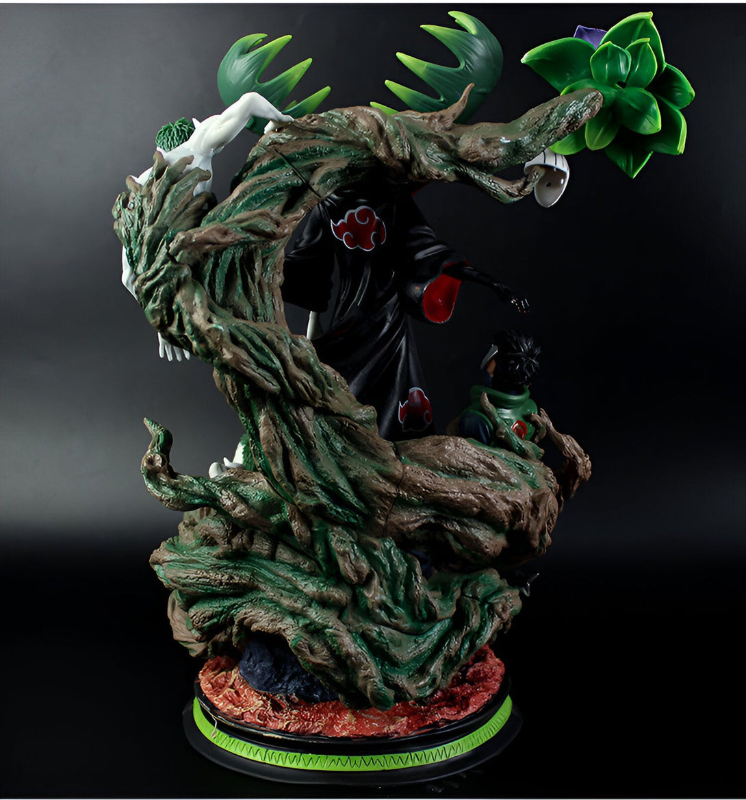 Statue en résine de Naruto Shippuden représentant le combat entre Madara Uchiwa et Hashirama Senju, sur fond d'un arbre de bois et de fleurs. Cette figurine de collection est un incontournable pour tous les fans de Naruto.