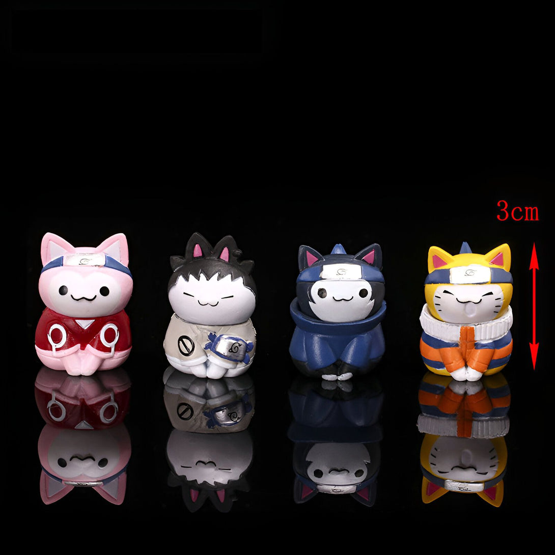 Ensemble de 4 figurines Naruto en forme de chat, mesurant 3 cm de haut, représentant les personnages de Naruto, Sasuke, Kakashi et Naruto en mode ermite.  Idéal pour les fans de l'anime.