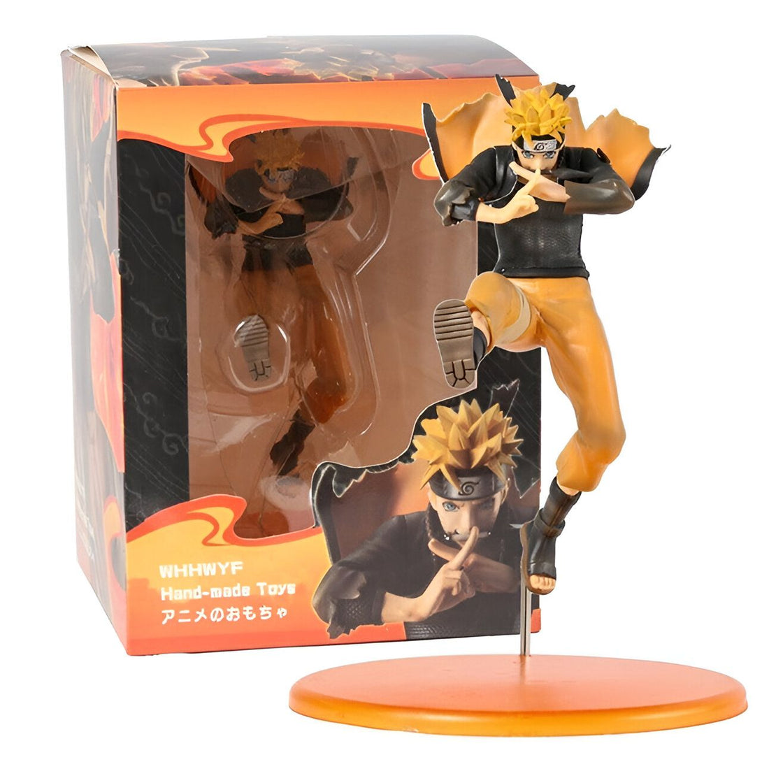 Naruto Uzumaki, le héros de l'anime Naruto, est représenté dans une pose dynamique en train de sauter, avec son célèbre bandeau et sa tenue orange caractéristique. La figurine est accompagnée d'une boîte de présentation avec des détails sur le personnage et l'anime.