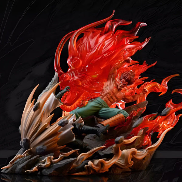 Statue de Naruto en résine représentant Naruto dans son mode Kurama avec un dragon de feu rouge. La statue est posée sur un socle en forme de roche et de flammes.