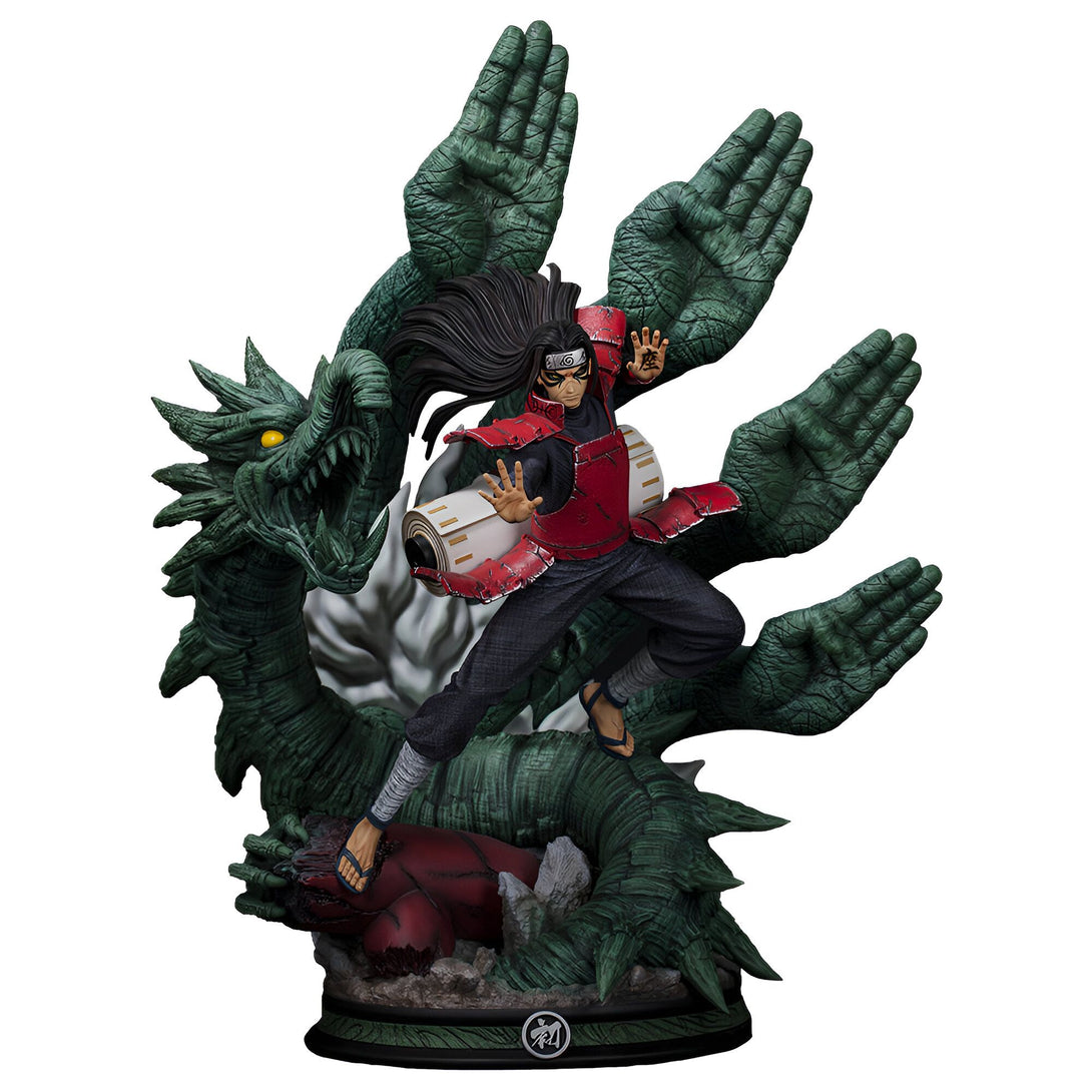 Statue de Hidan de Naruto Shippuden, un ninja Akatsuki, debout sur un dragon à six bras et tenant un parchemin.