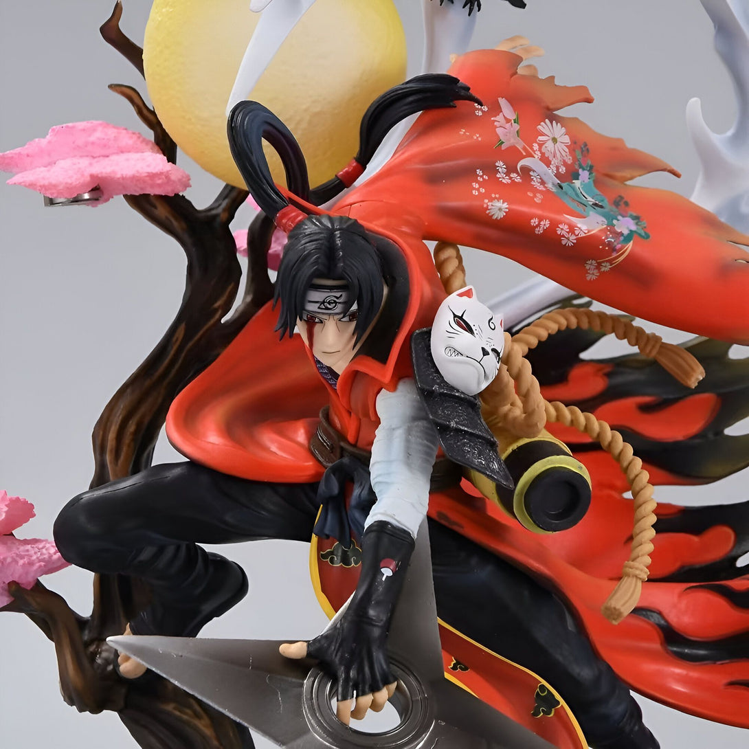 Naruto Uzumaki en tenue rouge, avec son masque de renard, tenant un shuriken, prêt à combattre. Figurine de collection Naruto.