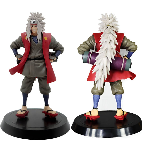 Figure de collection de Jiraiya, personnage de l'anime Naruto, en position debout, vue de face et de dos. Il porte sa tenue signature rouge et grise.