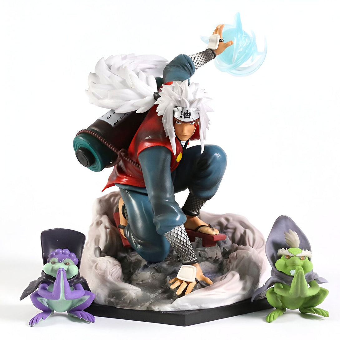 Figurine de Jiraiya, personnage de l'anime Naruto, en position de combat avec ses deux crapauds familiers Gamakichi et Gamabunta.