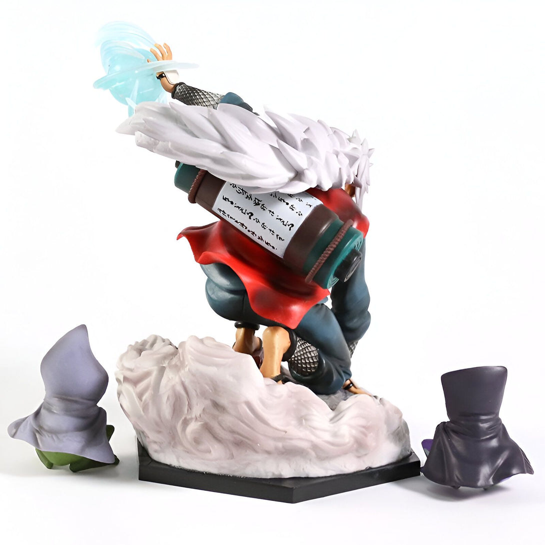 Figure de collection de Jiraiya, un personnage de l'univers Naruto, en train d'utiliser son jutsu. Il est représenté avec sa cape blanche, son bandeau et son rouleau de parchemin.