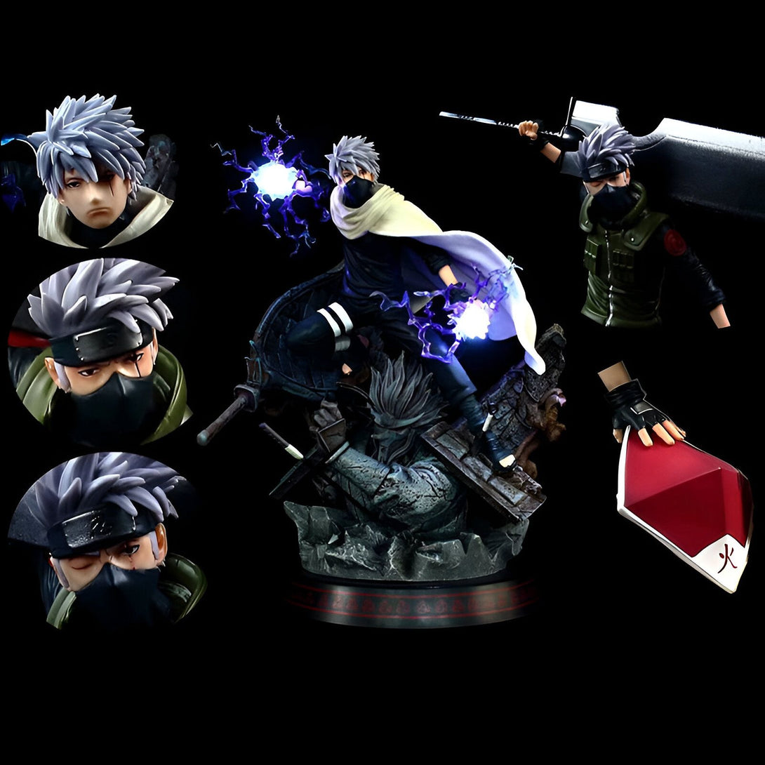 Statue de Kakashi Hatake de Naruto en pose dynamique avec des éclairs bleus. La figurine est représentée en train de combattre, avec son armure et son masque distinctifs. On peut voir des gros plans de son visage et des détails de sa tenue. Cette figurine est un must-have pour tout fan de Naruto !