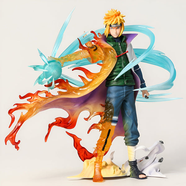 Figurine de Naruto Uzumaki en mode Sage des Six Chemins, avec un manteau orange et violet, des flammes et des éclairs bleus. Il tient une sphère bleue dans sa main gauche et son bras droit est tendu vers l'avant. La figurine est posée sur un socle beige avec des détails jaunes.