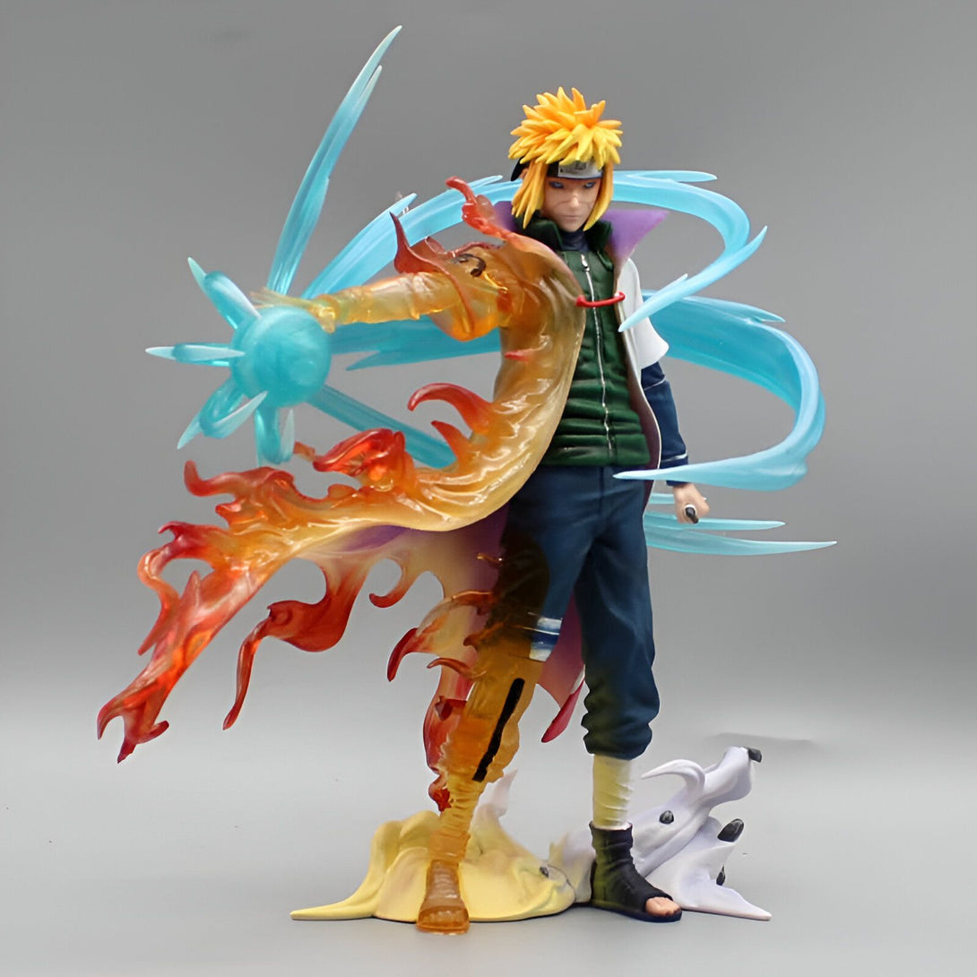 Figurine de Naruto en action, utilisant son jutsu de feu, avec des effets spéciaux et une base.