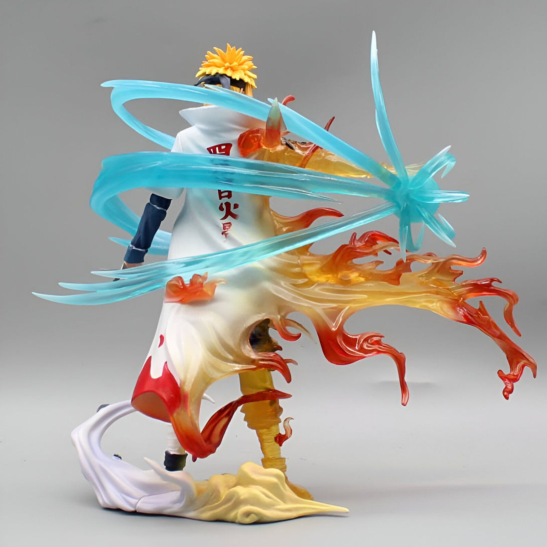 Figurine Naruto en PVC représentant Naruto Uzumaki en mode Chakra de Renard à Neuf Queues, avec des effets spéciaux en flammes et des effets de vent bleu.