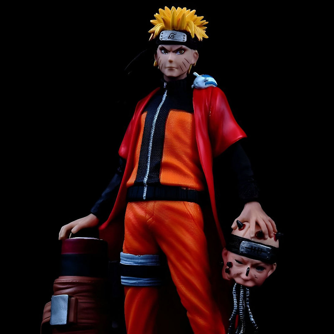 Naruto Uzumaki, le protagoniste de l'anime Naruto, dans sa tenue orange et rouge emblématique, tenant la tête de Pain, l'antagoniste principal de la série.