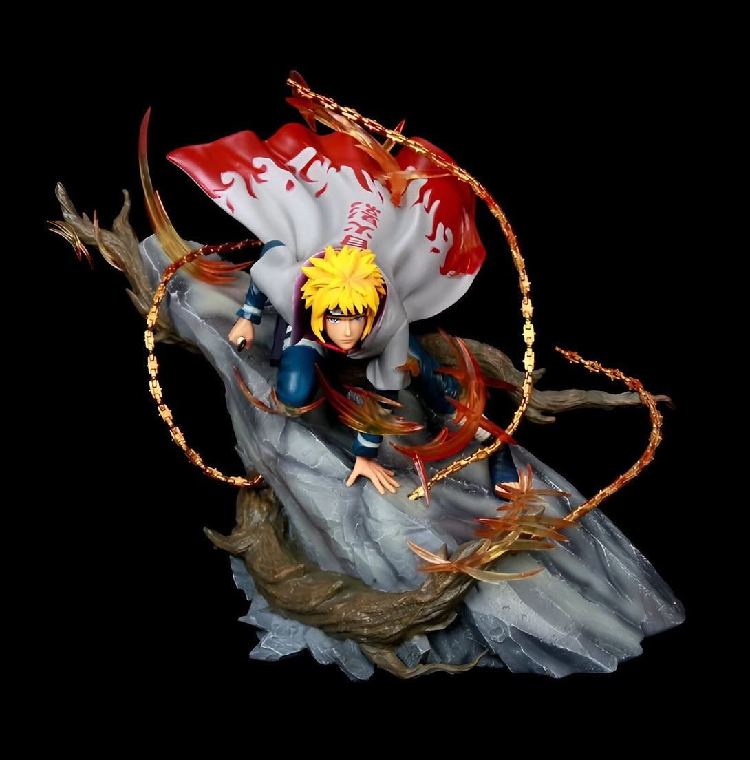 Statue de Naruto Uzumaki en mode Sage des Six Chemins, debout sur un rocher avec des chaines dorées et un effet de feu. Figurine de collection Naruto.