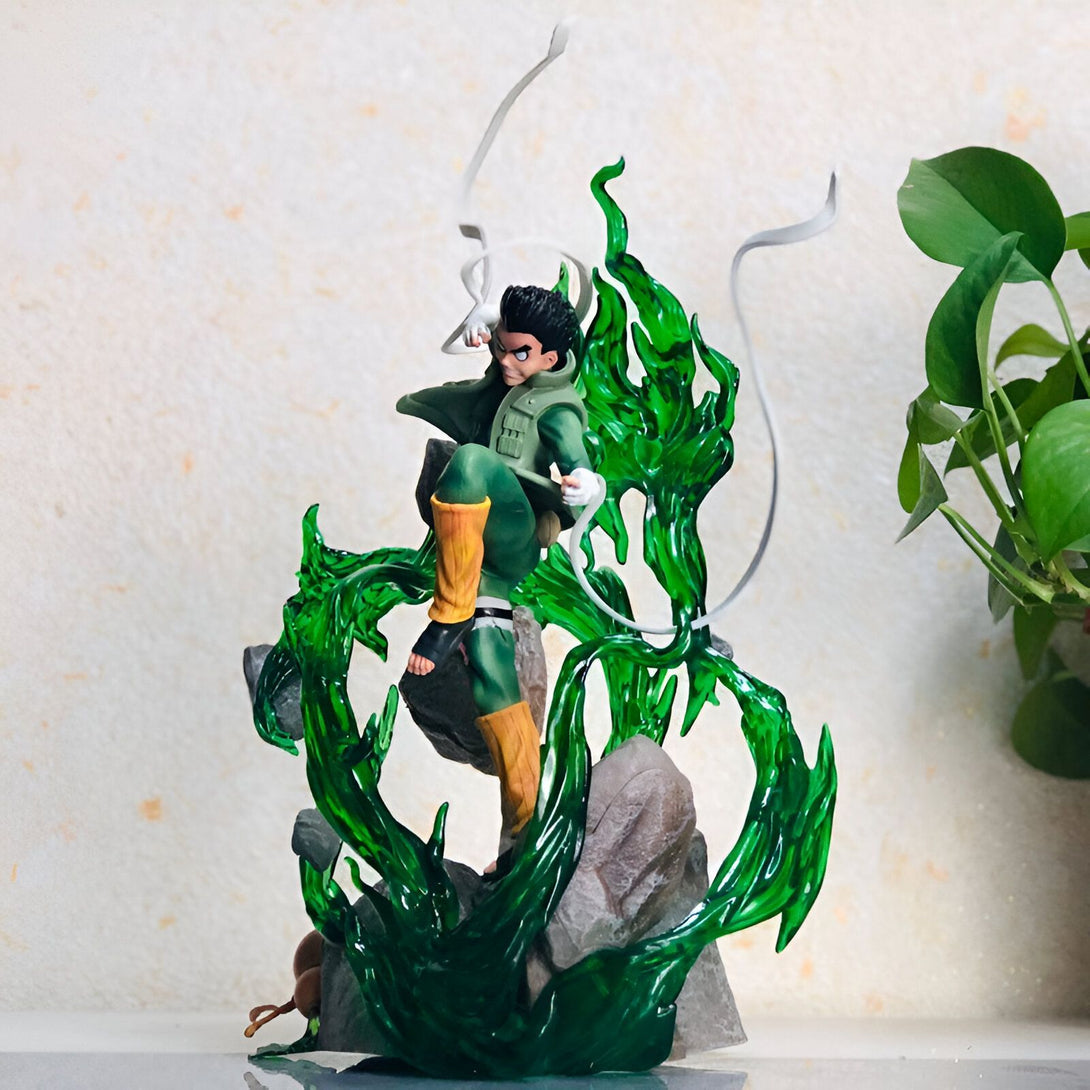 Figure de Rock Lee en action, avec des effets spéciaux verts, provenant de l'anime Naruto.