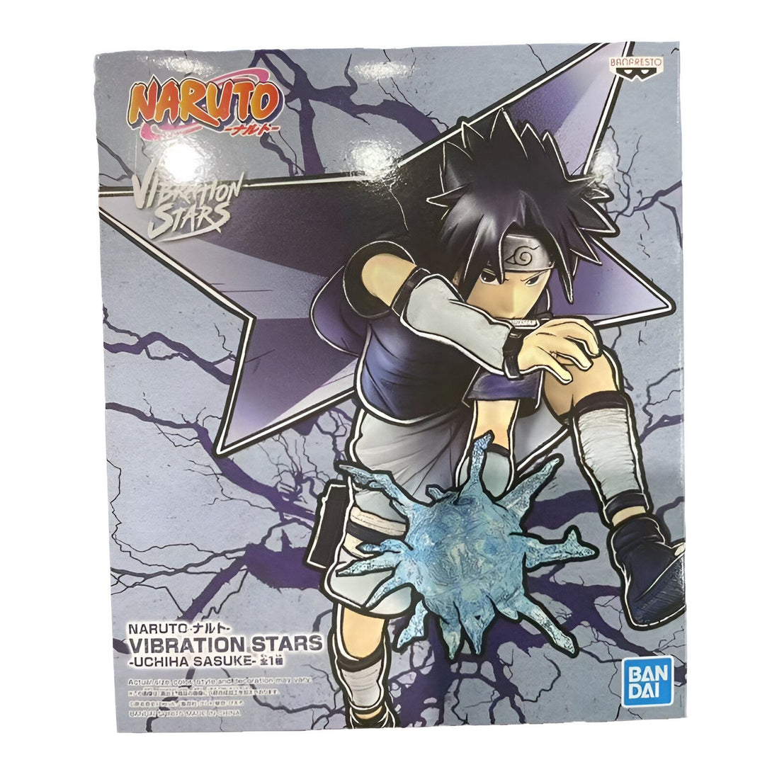 Boîte de figurine Naruto Vibration Stars représentant Sasuke Uchiwa, personnage de la série d'animation Naruto, effectuant son attaque signature Chidori.