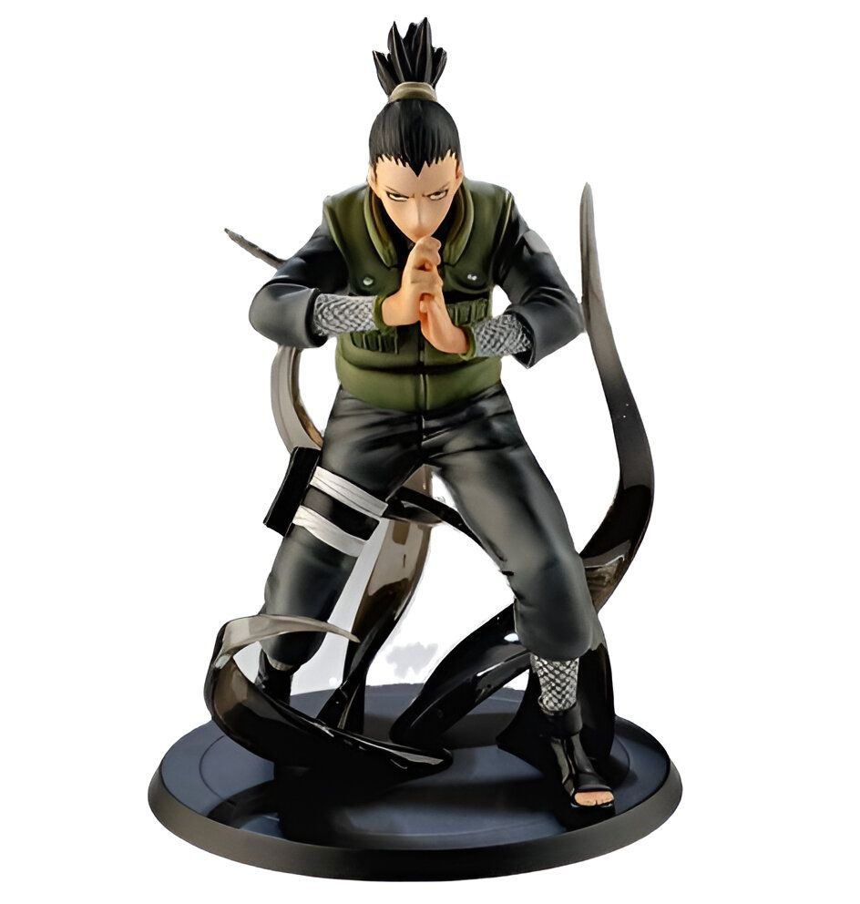 Figurines Naruto Shikamaru en position de combat, avec un effet d'énergie noire autour de lui. Figurine de collection pour fans de Naruto.