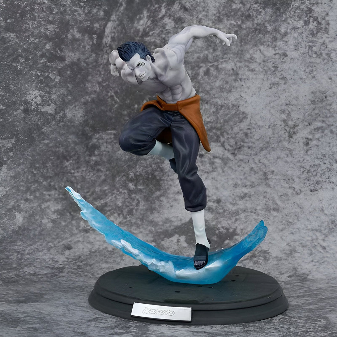 Figurine de Zabuza Momochi de Naruto Shippuden, représentant le personnage en pleine action, debout sur une vague d'eau bleue. La figurine est de haute qualité et représente fidèlement le personnage.