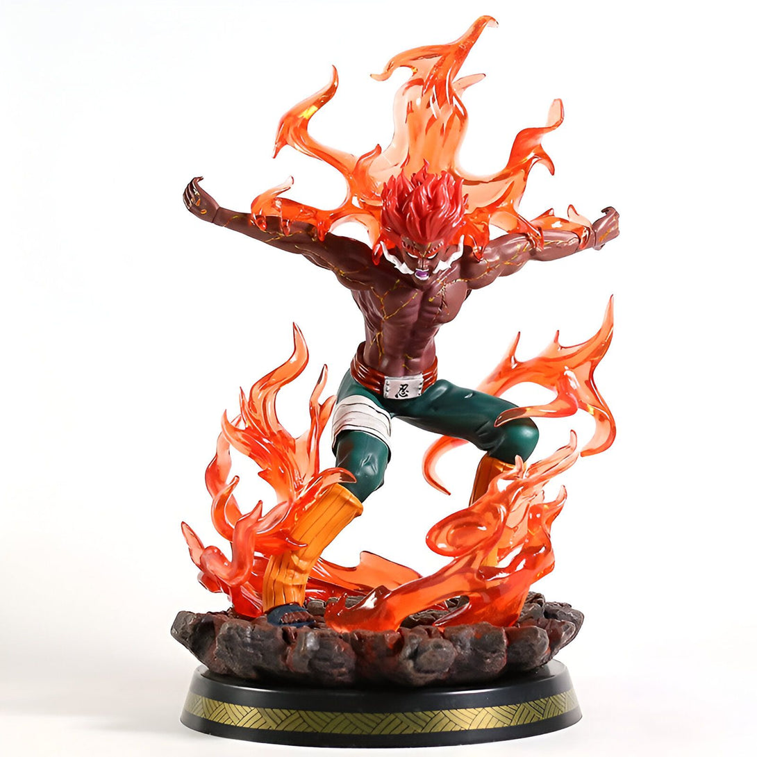Figur de Naruto Shippuden de Might Guy en mode Huit Portes Intérieures, avec des flammes orange vif.