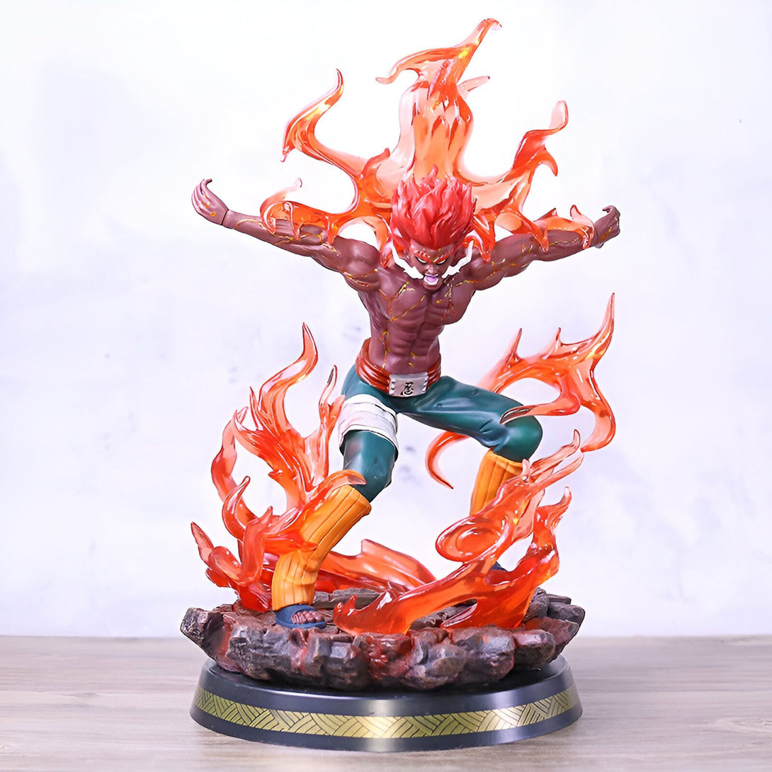 Statuette de Gaara du manga Naruto en mode Sables Mouvants, avec des flammes orange et une base noire.
