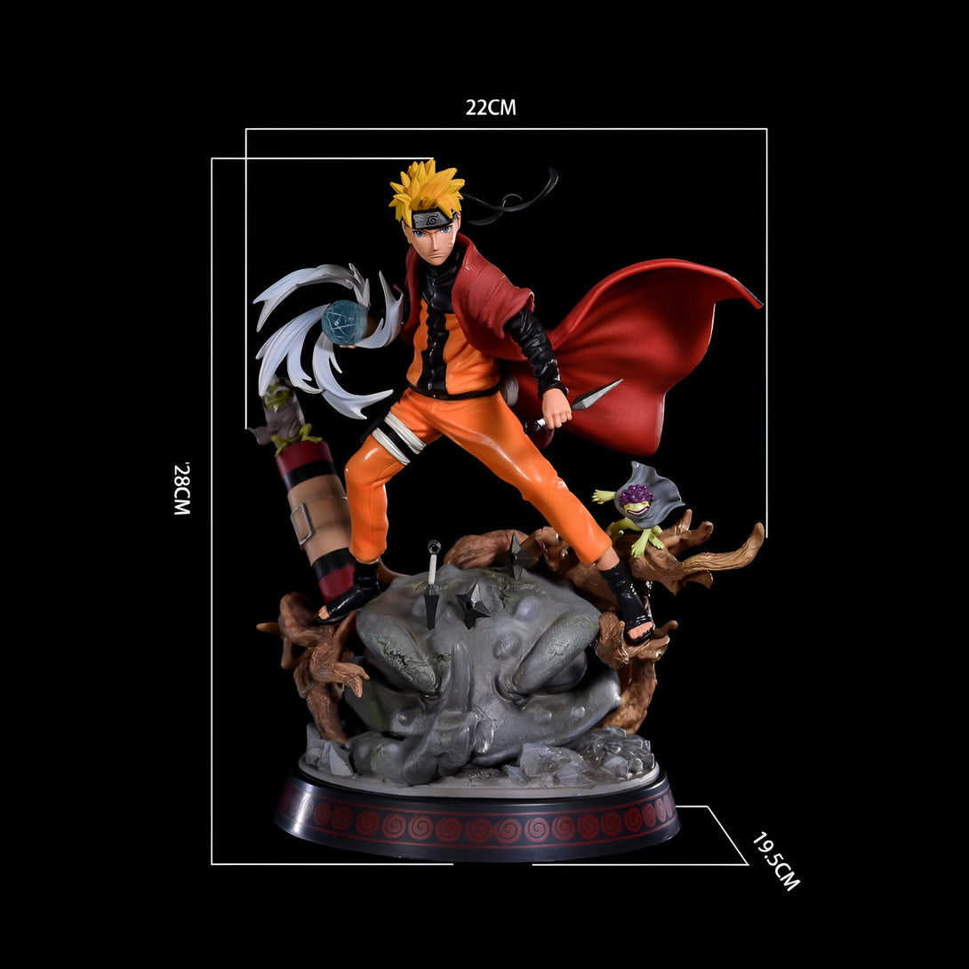 Statue de Naruto Uzumaki en PVC, posant sur une base avec un crapaud, tenant un Rasengan, mesurant 22cm de haut, 28cm de large et 19,5cm de profondeur.