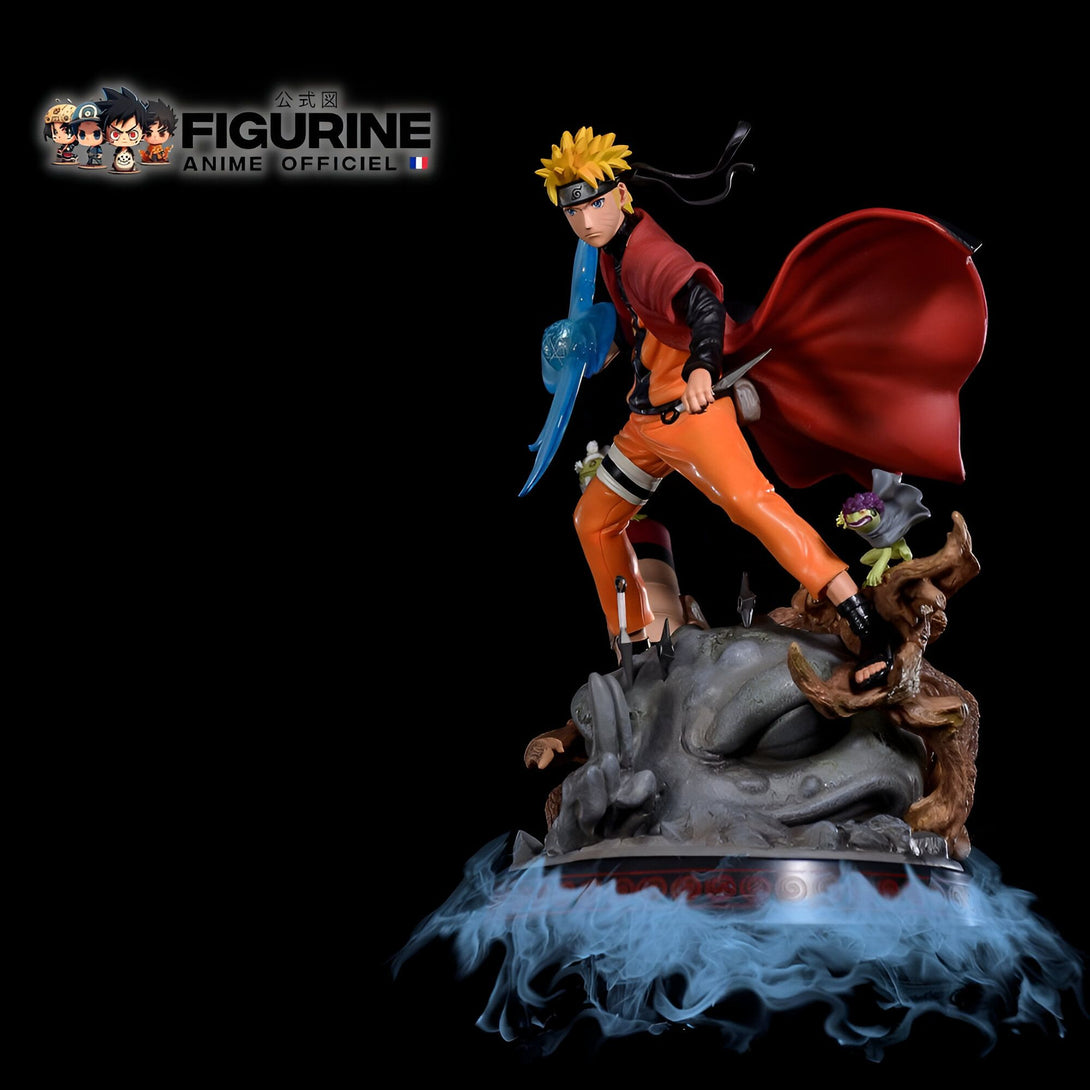Statue de Naruto Uzumaki dans sa tenue de l'équipe 7, tenant un Rasengan bleu et se tenant sur une base de roche avec de la fumée bleue en dessous. La statue est de haute qualité et détaillée, et est un excellent ajout à la collection de tout fan de Naruto.