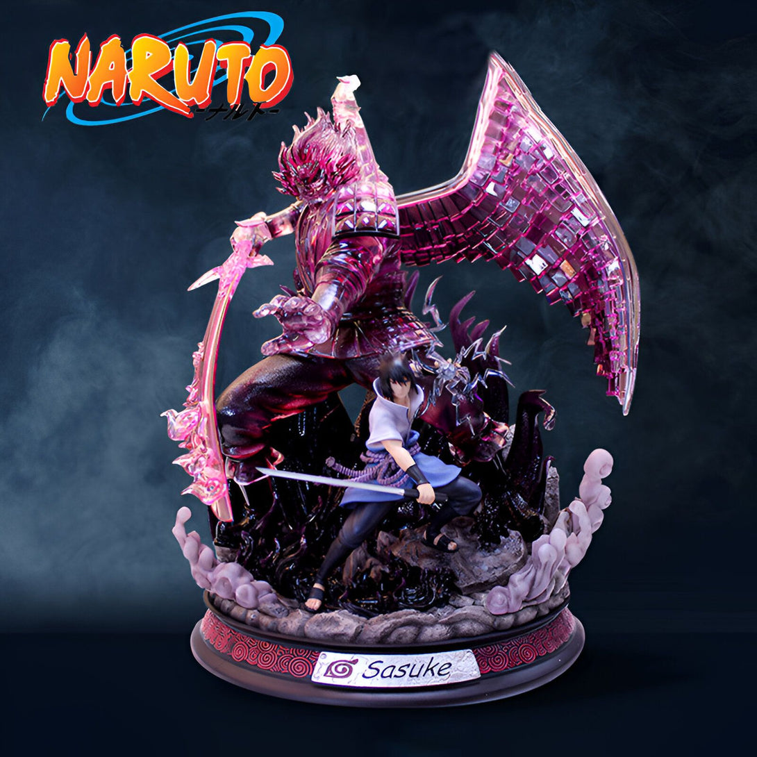 Statue de Naruto Shippuden représentant Sasuke Uchiha avec son Rinnegan et son Susanoo, une figurine de collection pour les fans de l'anime.