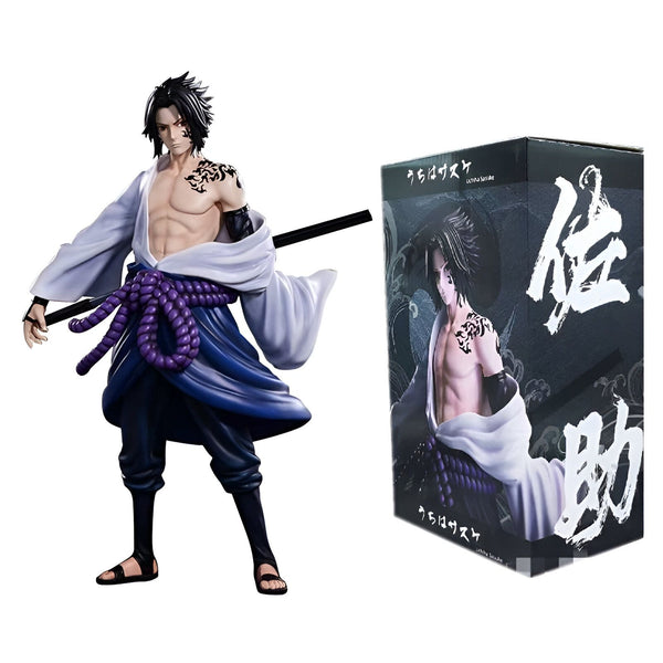 Figur de Naruto Uzumaki en tenue de combat, tenant une épée et portant une ceinture violette. La figurine est livrée dans une boîte avec une image de Naruto et l'écriture japonaise "Sasuke".