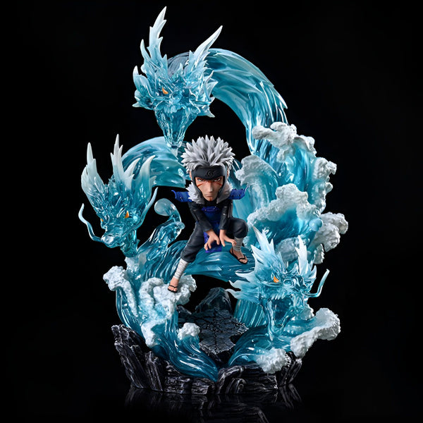 Statue de Zabuza Momochi, personnage de l'anime Naruto, entouré de dragons d'eau bleus. Cette figurine est une pièce collector pour les fans de l'univers Naruto.