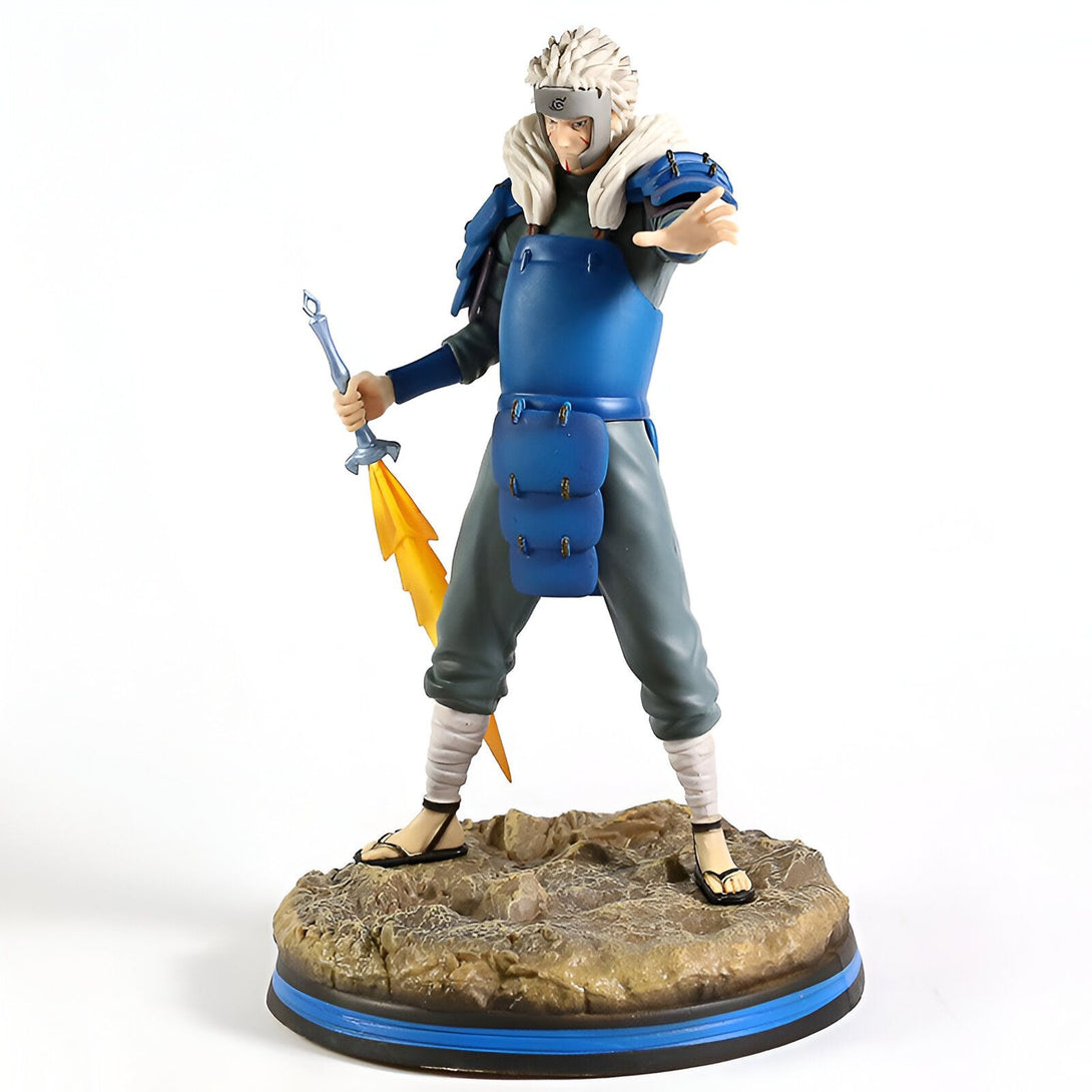 Figur de collection de Kakashi Hatake, un personnage de l'anime Naruto, dans sa tenue de Hokage. Il tient une épée éclair et pose sur un socle rocheux.
