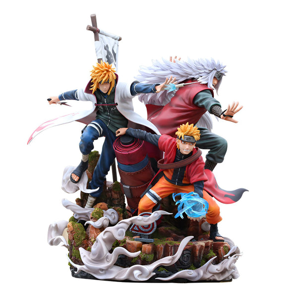 Statue de Naruto, Kakashi Hatake et Jiraiya, les trois personnages sont représentés dans des poses dynamiques et détaillées, avec des effets spéciaux réalistes. La statue est posée sur un socle représentant un paysage de montagne avec des nuages et des rochers.
