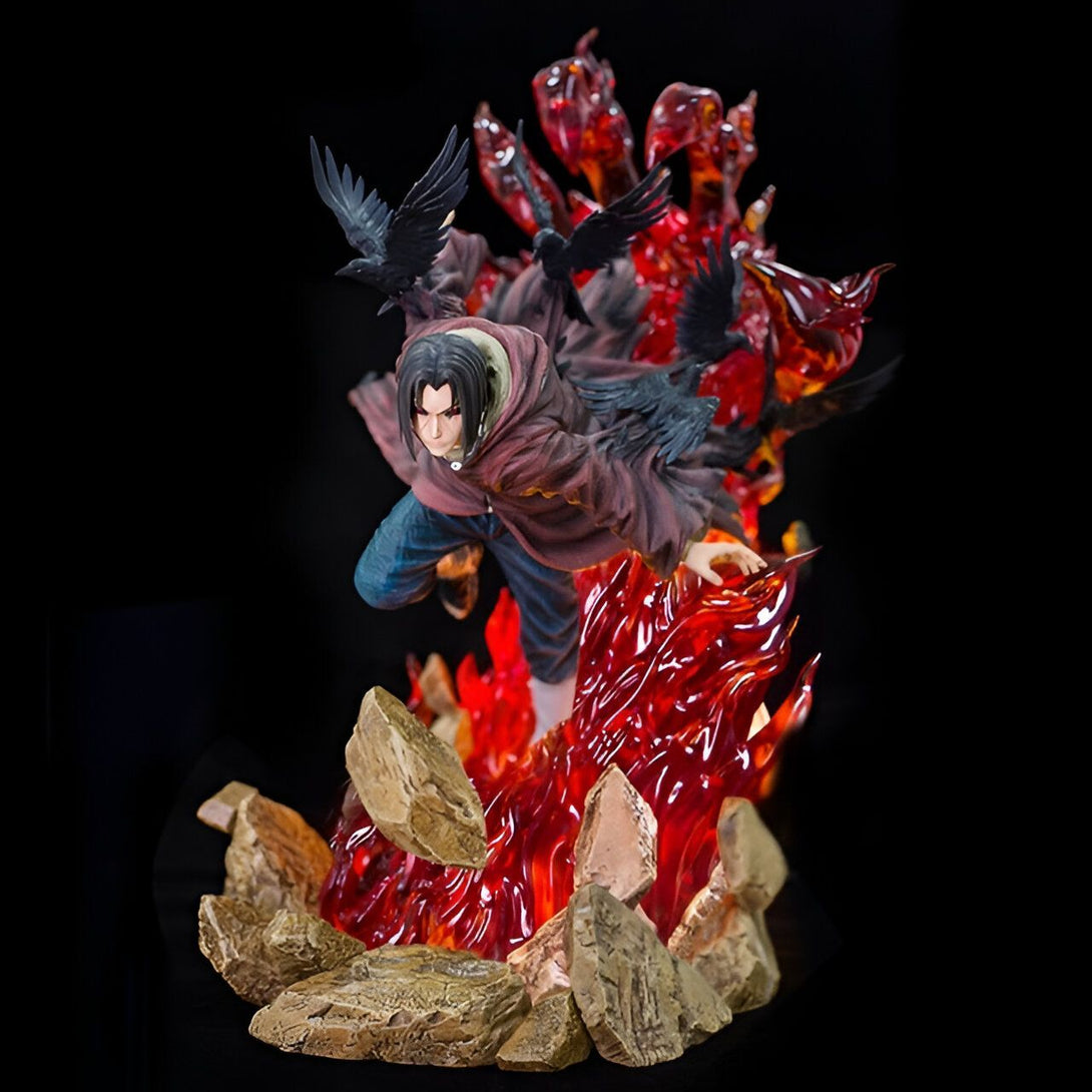 Statue de Itachi Uchiha de Naruto Shippuden, il est représenté avec ses corbeaux et les flammes de son Mangekyou Sharingan. Un produit parfait pour les fans de Naruto.