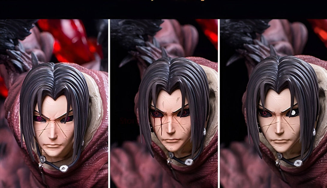 Statue de collection de Naruto Shippuden représentant l'impressionnant Sharingan de Sasuke Uchiha, avec des détails minutieux sur son visage et ses vêtements.