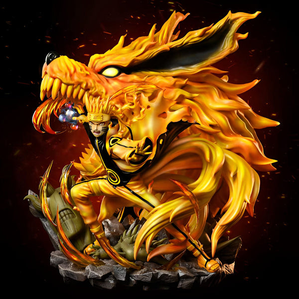 Naruto Uzumaki en mode chakra de Kyubi, le démon renard à neuf queues, avec son manteau de chakra et une base en pierre représentant les flammes et les griffes du démon.