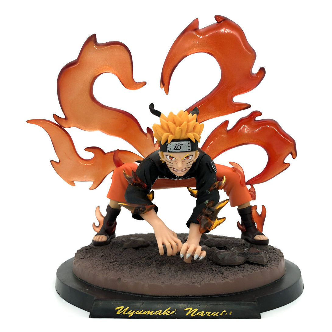 Statue de Naruto Uzumaki en mode Chakra du Renard à Neuf Queues, avec des flammes orange et des détails précis. Un cadeau idéal pour les fans de Naruto.