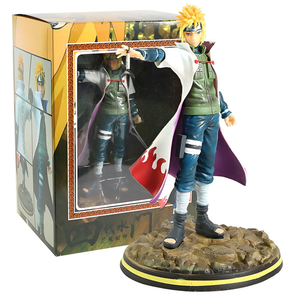 Figurine de Naruto en tant que Hokage, portant son manteau blanc emblématique avec des flammes rouges, une ceinture verte et un pantalon bleu. Il tient une épée dans sa main droite. La figurine est posée sur une base rocheuse.