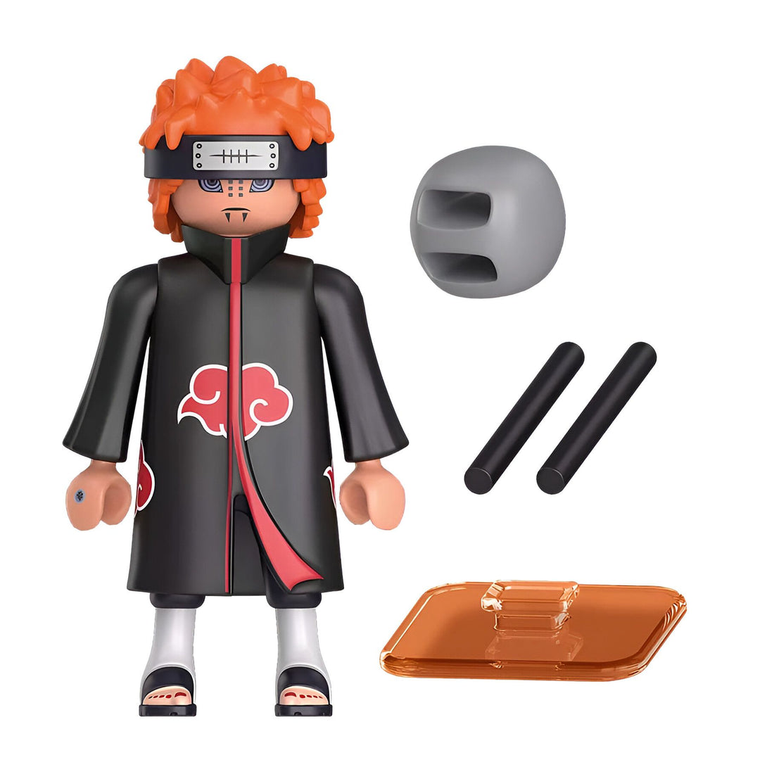 Figur de Pain de Naruto avec ses accessoires : une sphère grise, deux bâtonnets noirs et une base orange transparente.