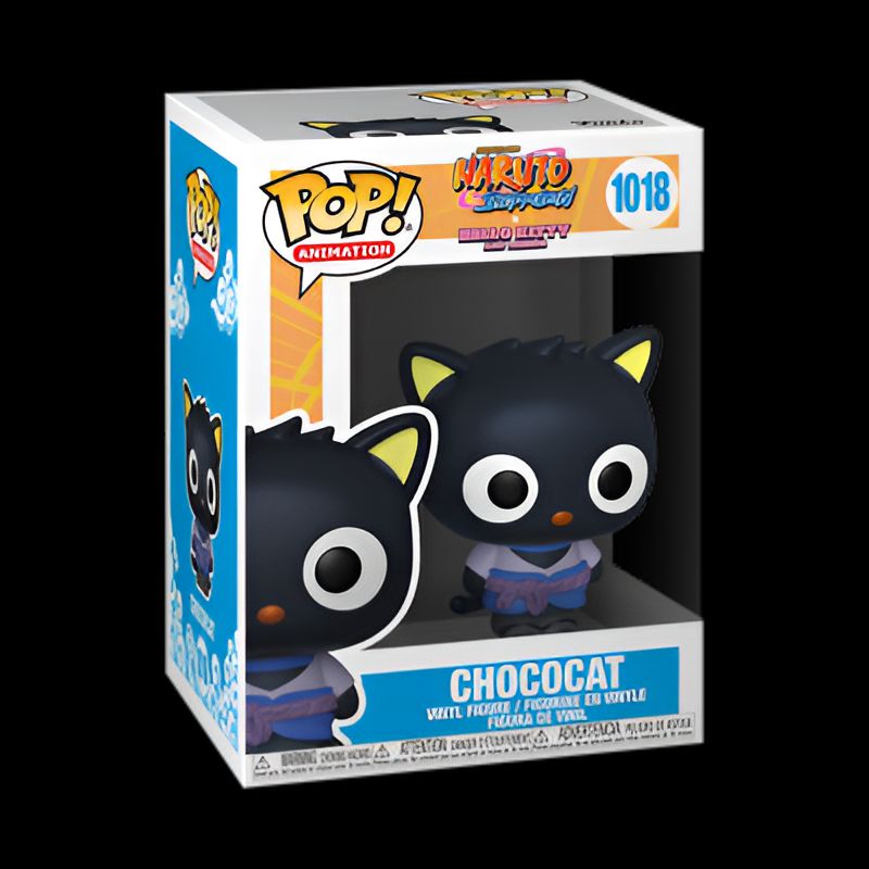 Une figurine Funko Pop de Chococat, un chat noir de la marque Hello Kitty, habillé en ninja dans un style Naruto. La figurine est dans sa boîte d'origine avec le logo Funko Pop.