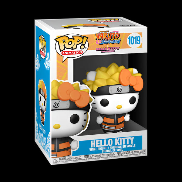 Figure Funko Pop de Hello Kitty en tenue Naruto.  La figurine représente Hello Kitty portant une tenue orange et noire avec une bande jaune dans les cheveux et le logo "Naruto" sur le front.