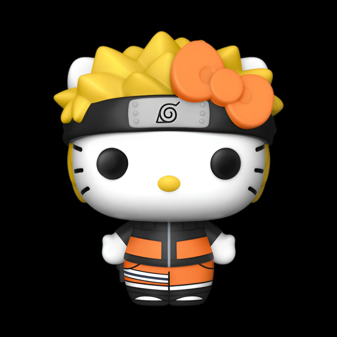 Une figurine de Hello Kitty vêtue d'une tenue de Naruto, avec des cheveux blonds et un bandeau de Konoha sur la tête. Elle porte également un nœud orange.