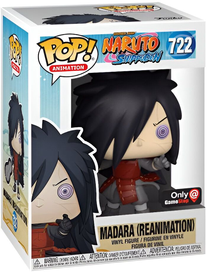 Une figurine Funko Pop de Madara Uchiwa en mode réanimation de la série Naruto Shippuden. La figurine est représentée dans sa tenue rouge emblématique avec un Sharingan dans l'œil gauche.
